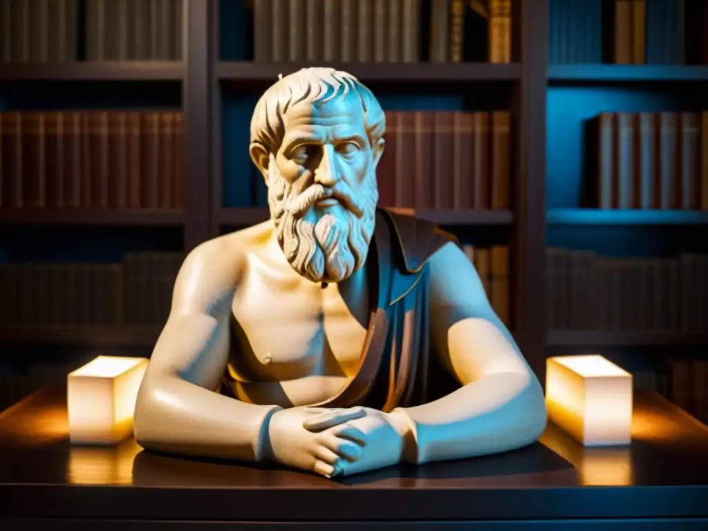Estudio de teoría de las formas con la estatua de Platón en una habitación iluminada por una lámpara, rodeada de libros antiguos