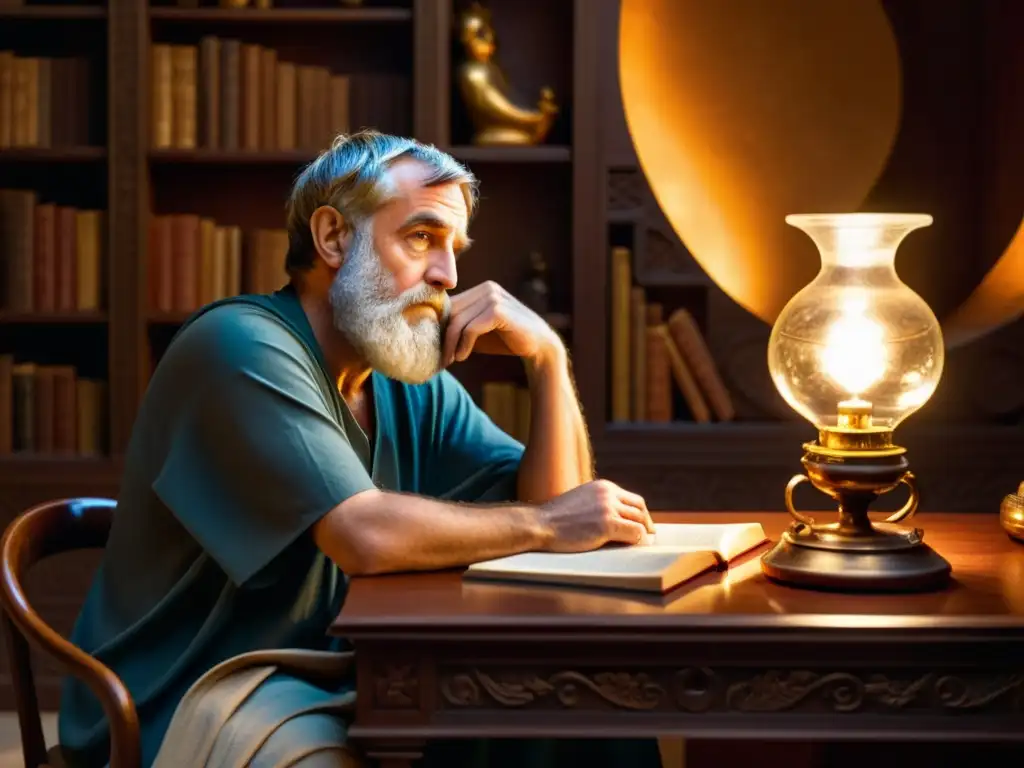 Platón reflexiona en su estudio iluminado por una lámpara, rodeado de pergaminos y utensilios de escritura