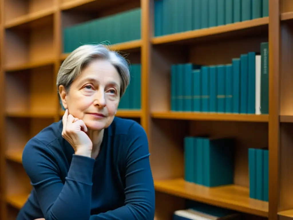 Judith Butler en estudio iluminado por luz natural, rodeada de libros, en profunda contemplación