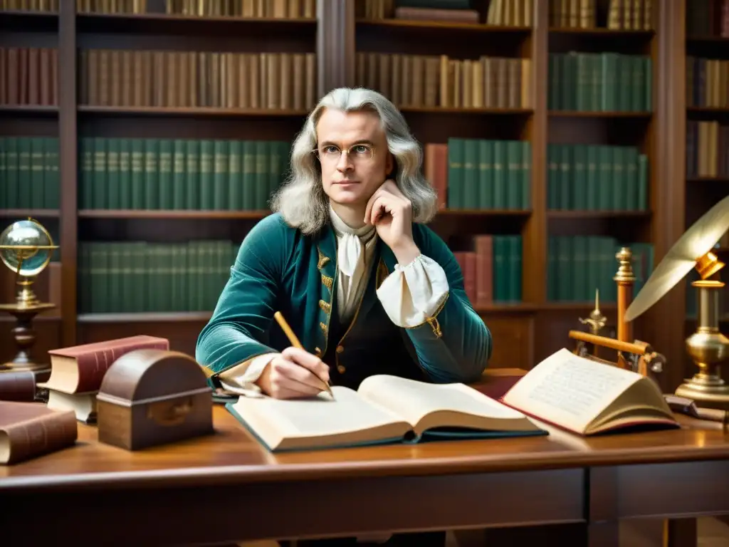 Isaac Newton en su estudio, inmerso en pensamientos sobre el método científico en el Iluminismo