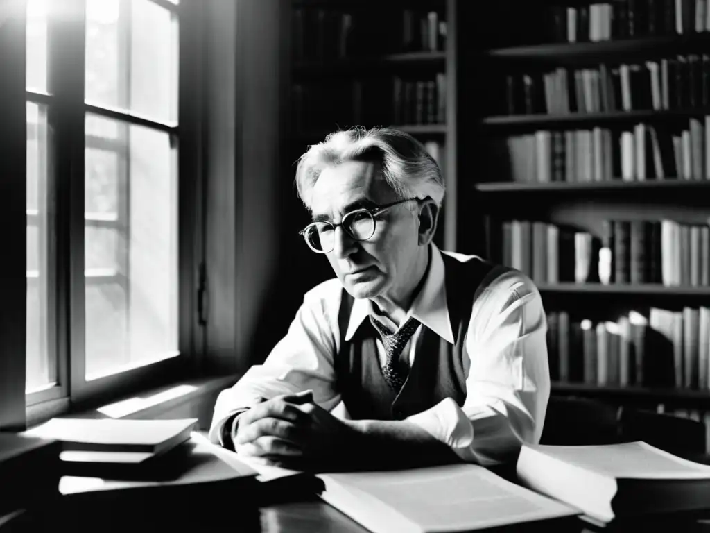 Viktor Frankl en su estudio, inmerso en pensamientos, rodeado de libros y papeles