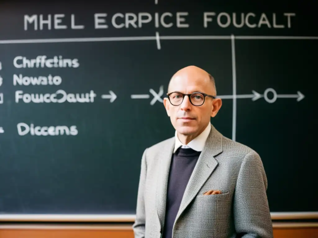 El filósofo Michel Foucault en su estudio, con su mirada intensa y diagramas filosóficos en la pizarra