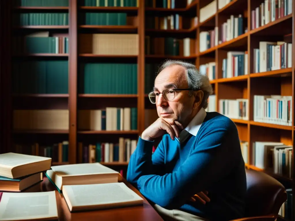 Thomas Kuhn reflexiona en su estudio, rodeado de libros sobre filosofía y ciencia