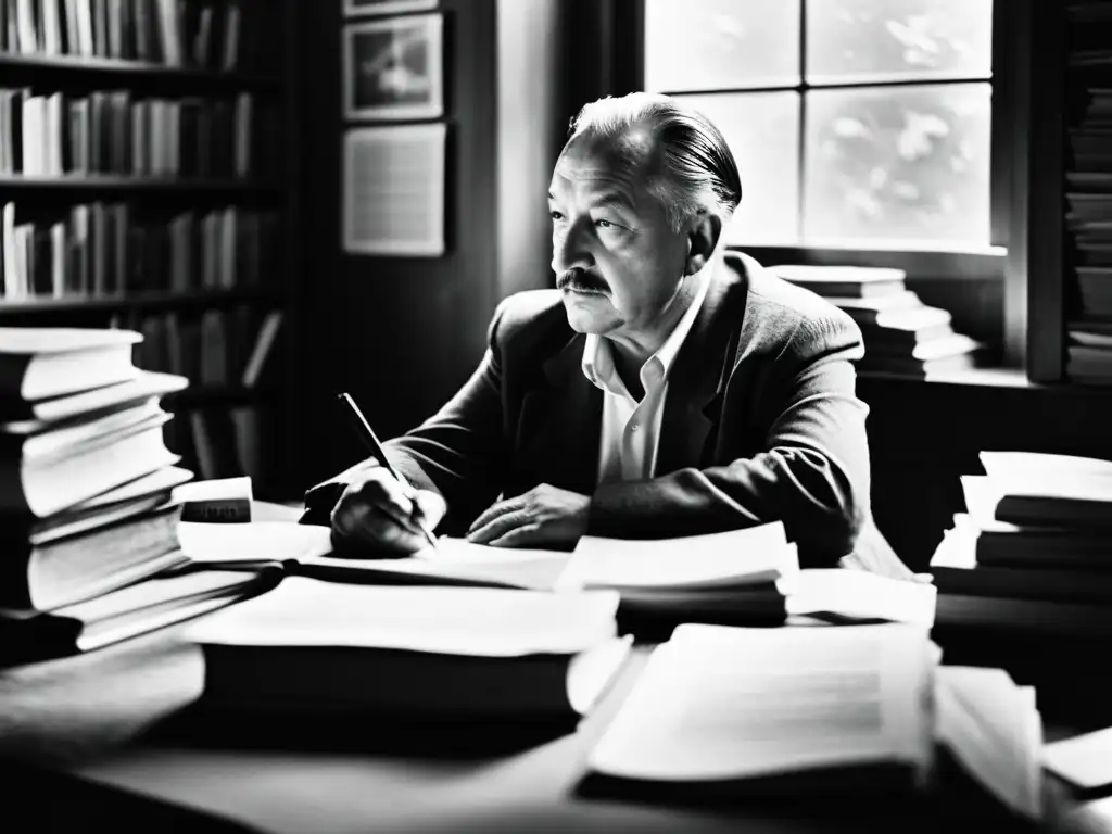 Martin Heidegger: Profundidad Filosófica en Blanco y Negro Martin Heidegger reflexiona en su estudio, rodeado de libros y papeles