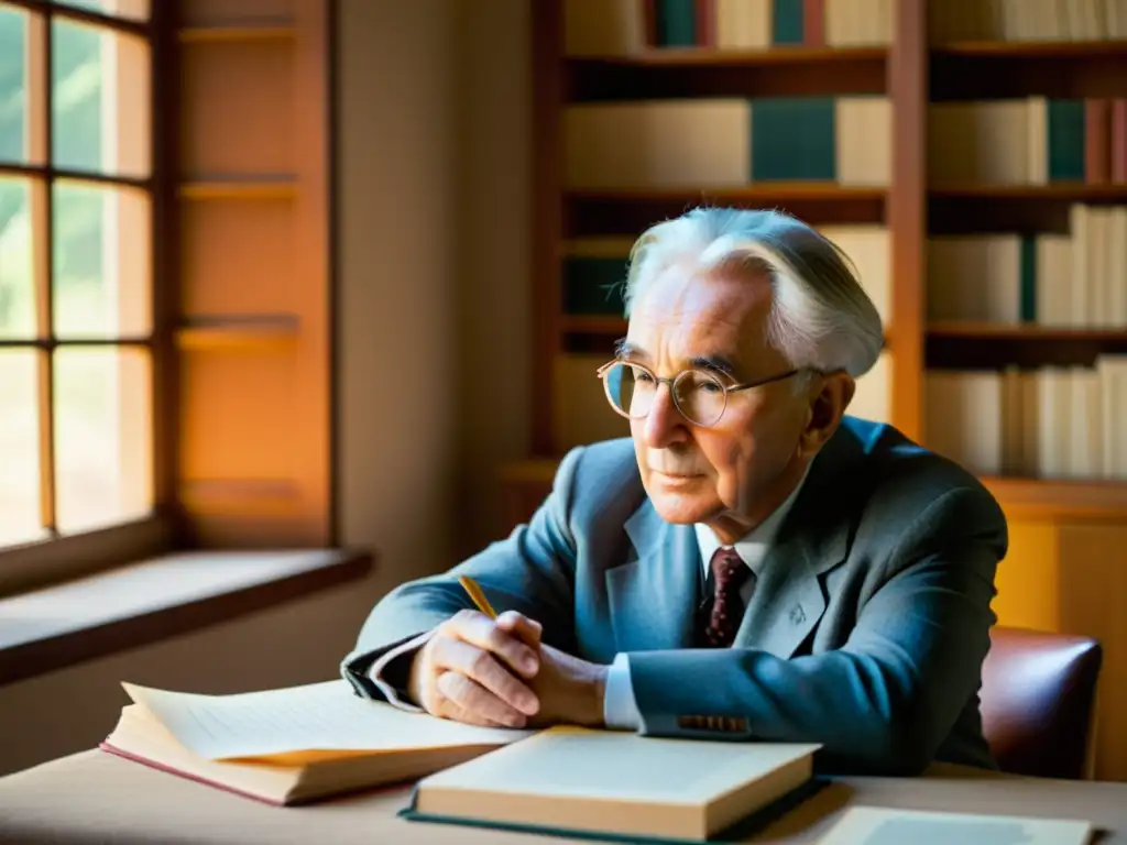 Viktor Frankl en su estudio, rodeado de libros, reflexionando
