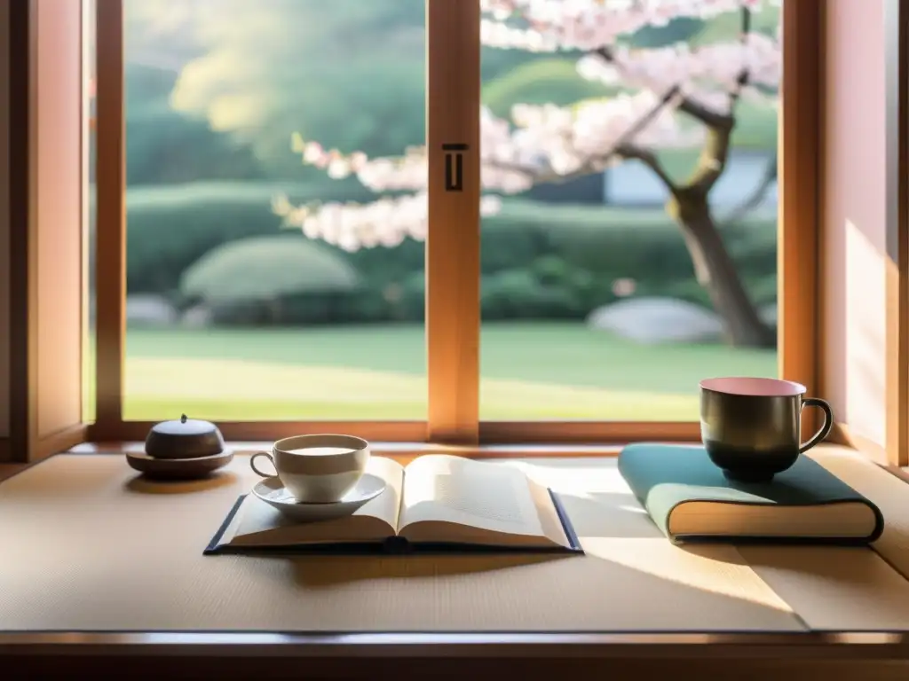 Un estudio sereno con tatamis japoneses, ventana al jardín de cerezos, libros antiguos, laptop y té verde