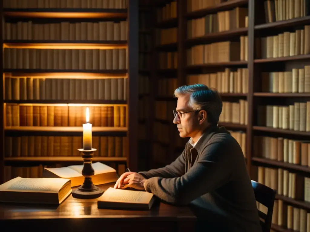 Un estudio tenue repleto de libros antiguos, una vela ilumina 'La era de la Ilustración' en un escritorio
