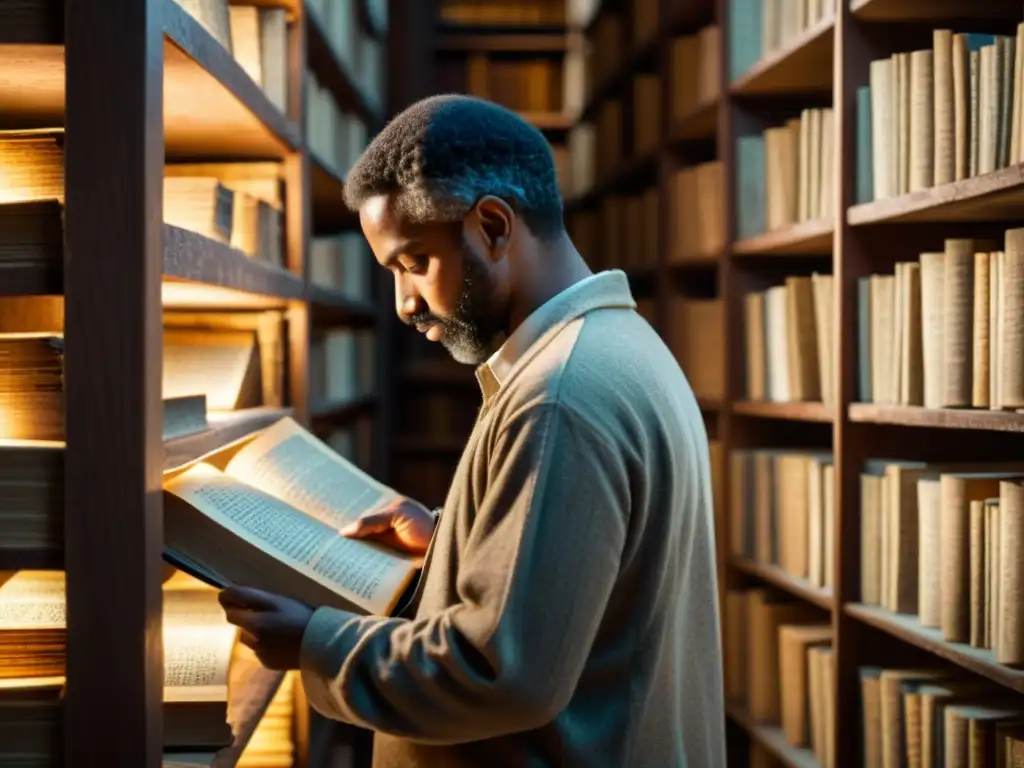 Un estudioso examina antiguos textos bíblicos rodeado de libros y pergaminos, transmitiendo un profundo entendimiento