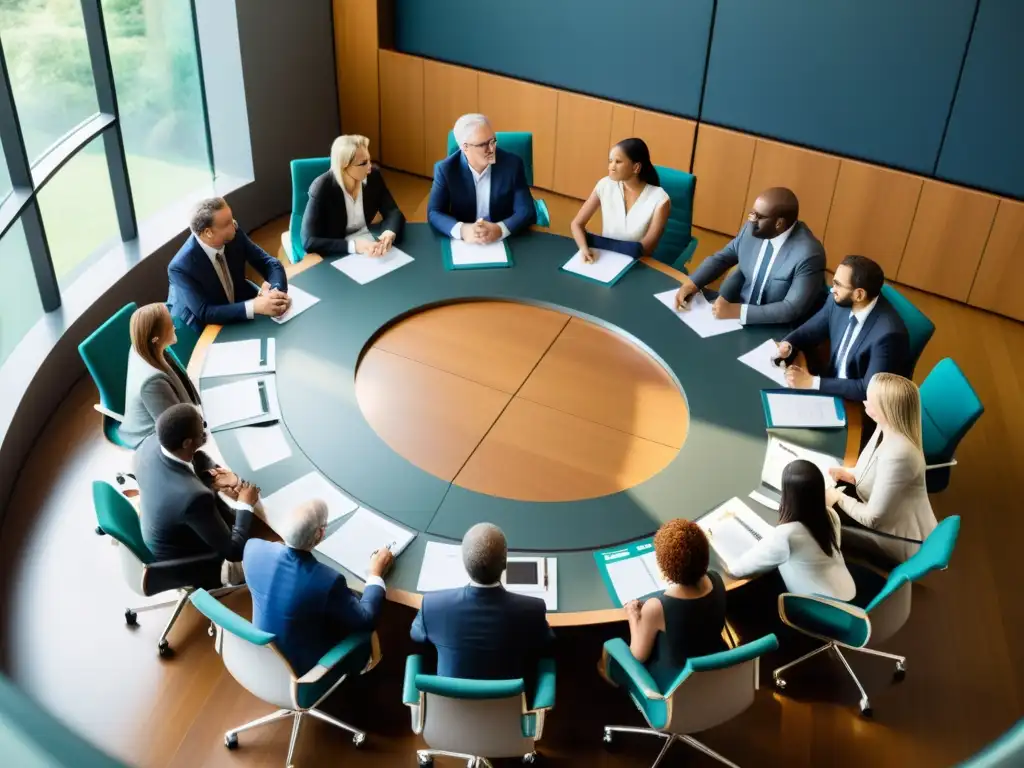 Reunión ética en la alta dirección: ejecutivos debatiendo en una sala llena de luz natural