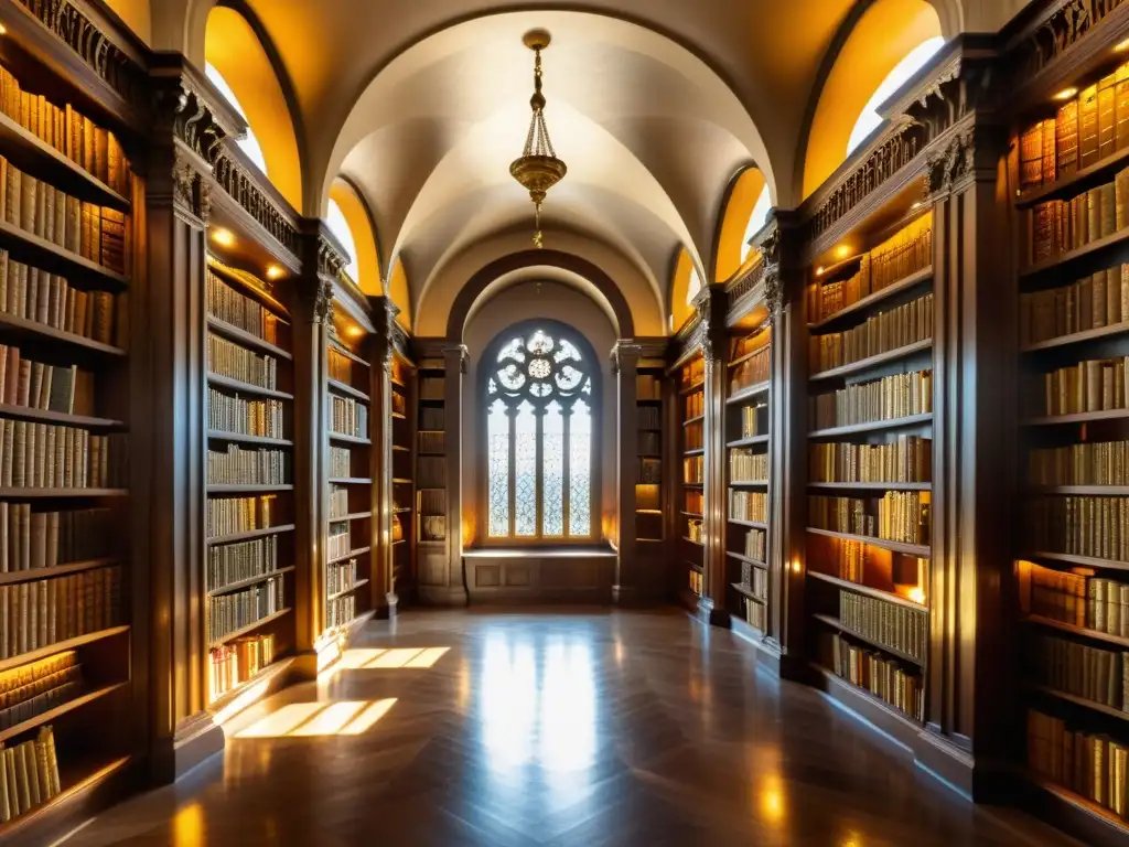 Transformación de la filosofía europea en la majestuosa biblioteca renacentista, con estudiosos examinando antiguos libros de sabiduría