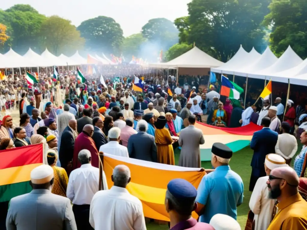 Evento de diálogo interreligioso mundial: diversidad cultural y respeto, personas de distintas religiones en festival colorido y vibrante