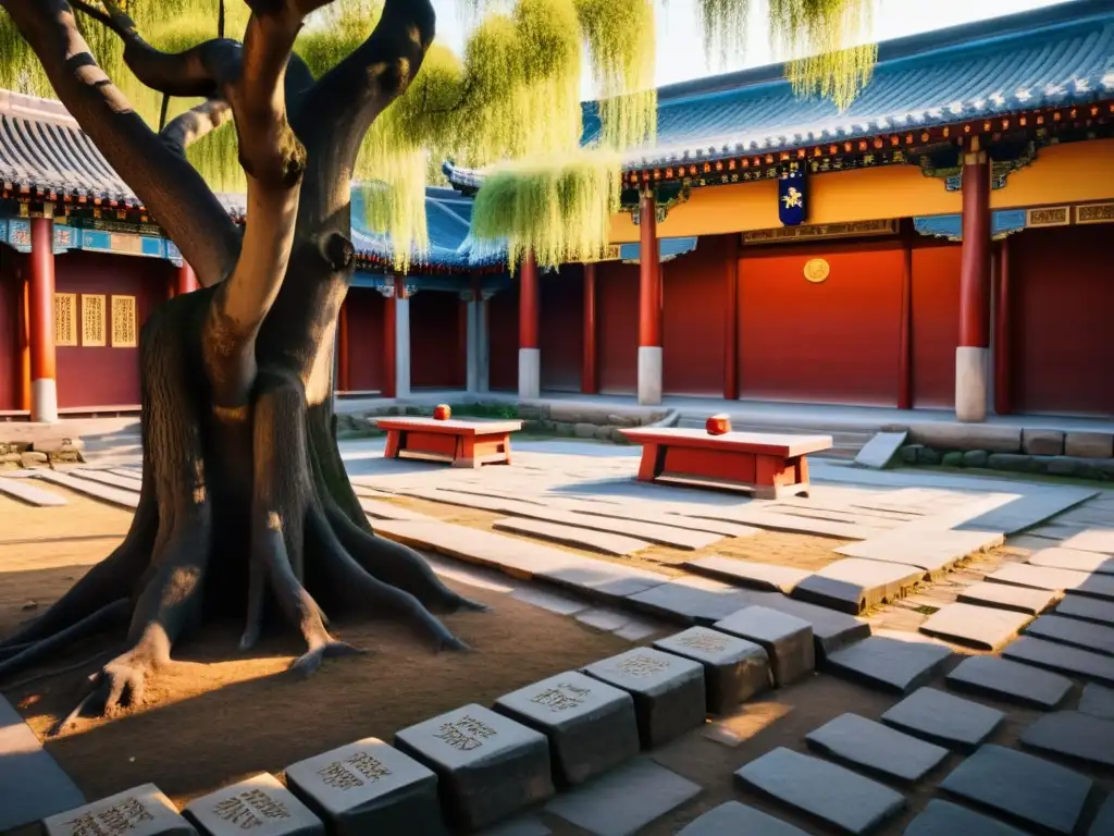Un evocador atardecer en una escuela confuciana, con antiguos árboles y estudiantes inmersos en la importancia del Confucianismo en educación