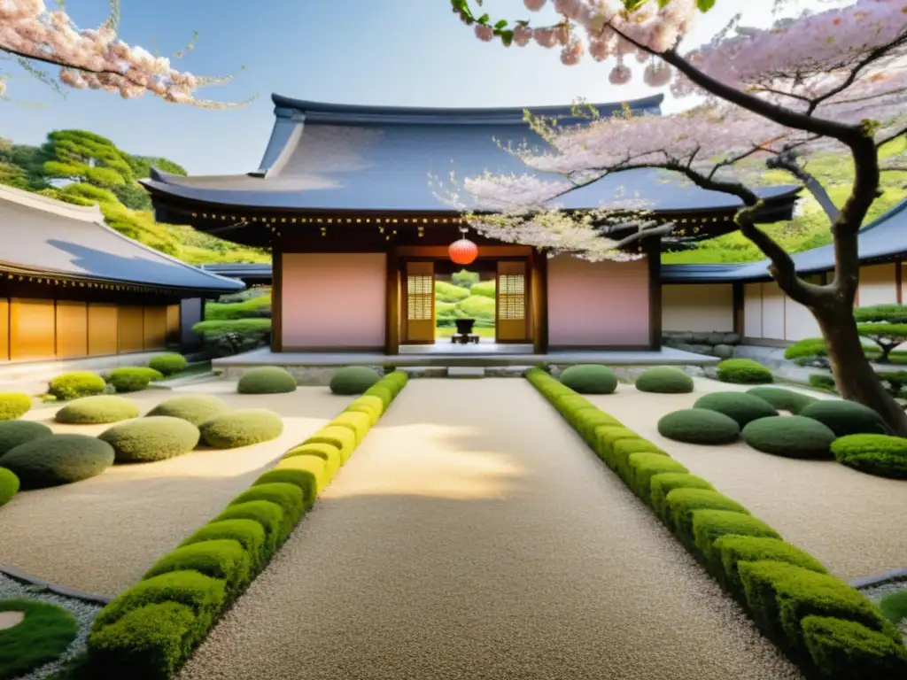 Un jardín expansivo y tranquilo en Kyoto, con un salón de meditación de madera y paisaje exuberante