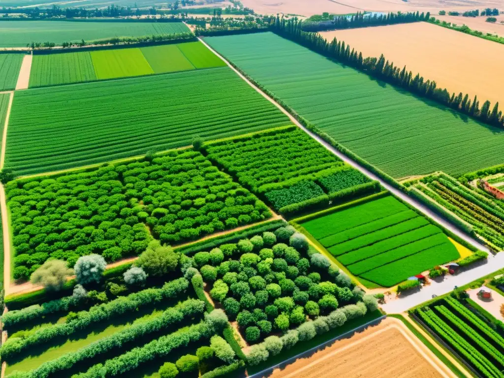 Experiencia comunitaria socialista en Israel: vista aérea de un kibutz vibrante, con campos agrícolas, espacios colectivos y residentes unidos