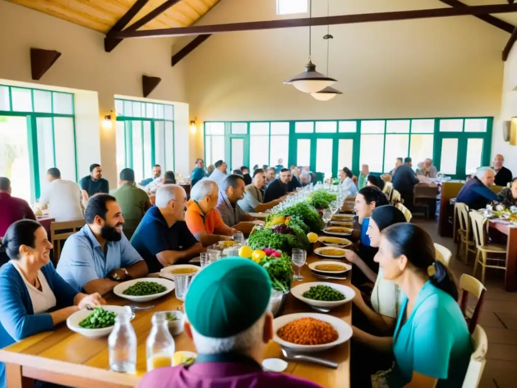 Una experiencia comunitaria socialista en Israel: Comedor bullicioso en un kibutz, gente diversa compartiendo comida y risas