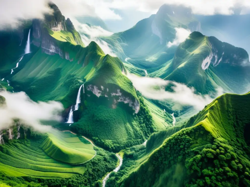 Experiencias personales en la ecología profunda de la montaña: un paisaje majestuoso, verde y sereno con cascadas y nubes