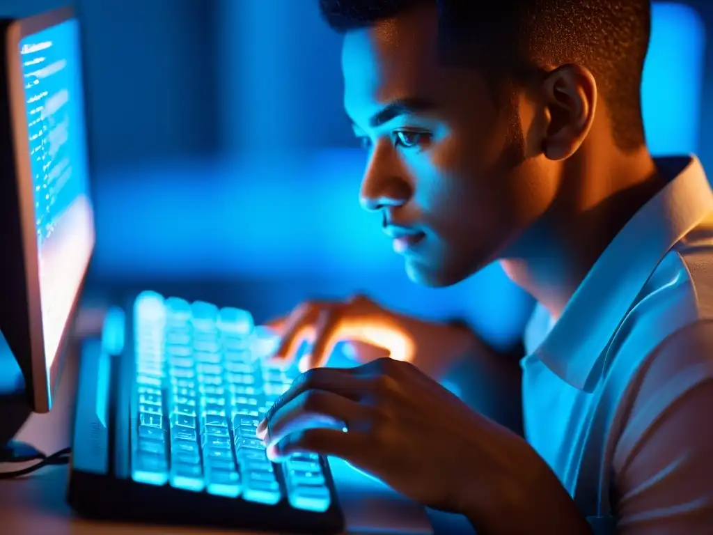 Un experto en ciberseguridad para proteger secretos íntimos, concentrado en su trabajo en una habitación iluminada por la luz azul de las pantallas
