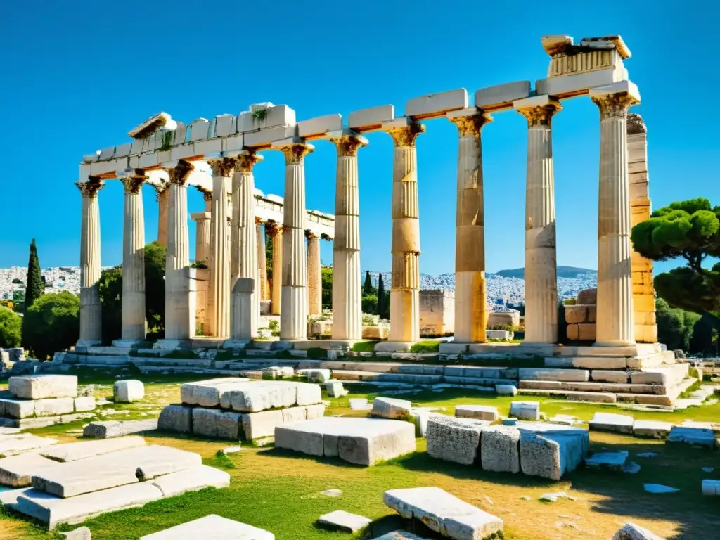 Exploración de las ruinas de la antigua Ágora en Atenas, con columnas de mármol y restos históricos bajo el cielo azul