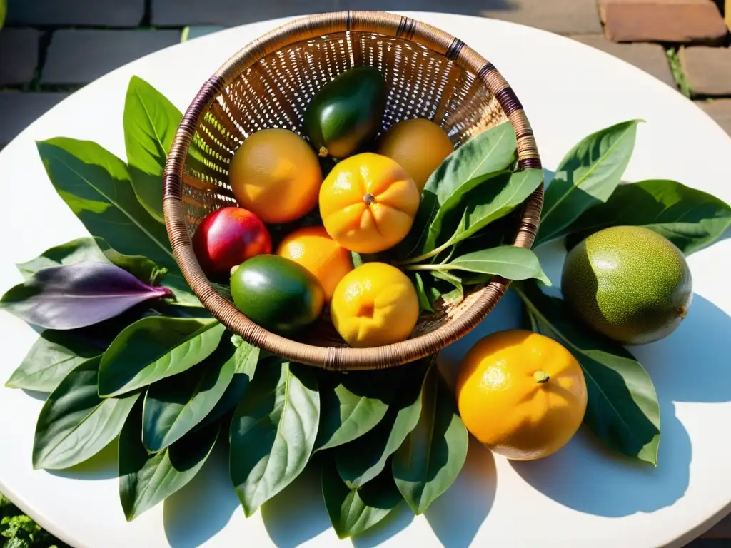 Una exquisita exhibición de frutas y verduras vibrantes y coloridas en una cesta tejida, iluminada por el sol, que captura la esencia de la Dieta Sáttvica y la tradición hindú
