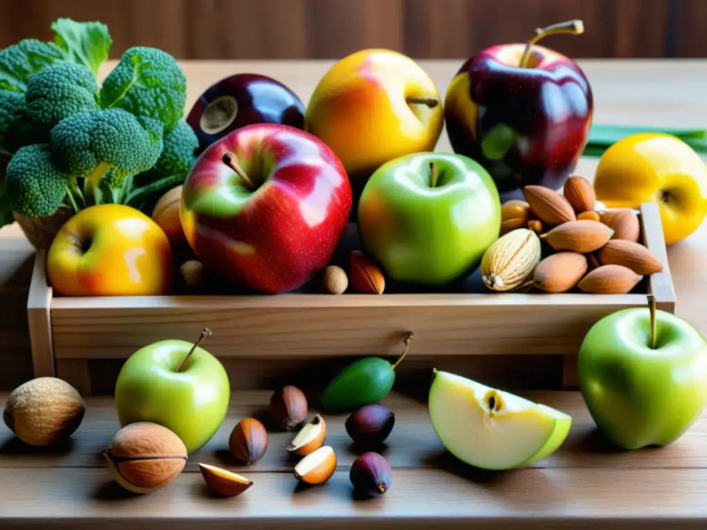 Una exquisita variedad de frutas, vegetales, nueces y granos en una mesa de madera