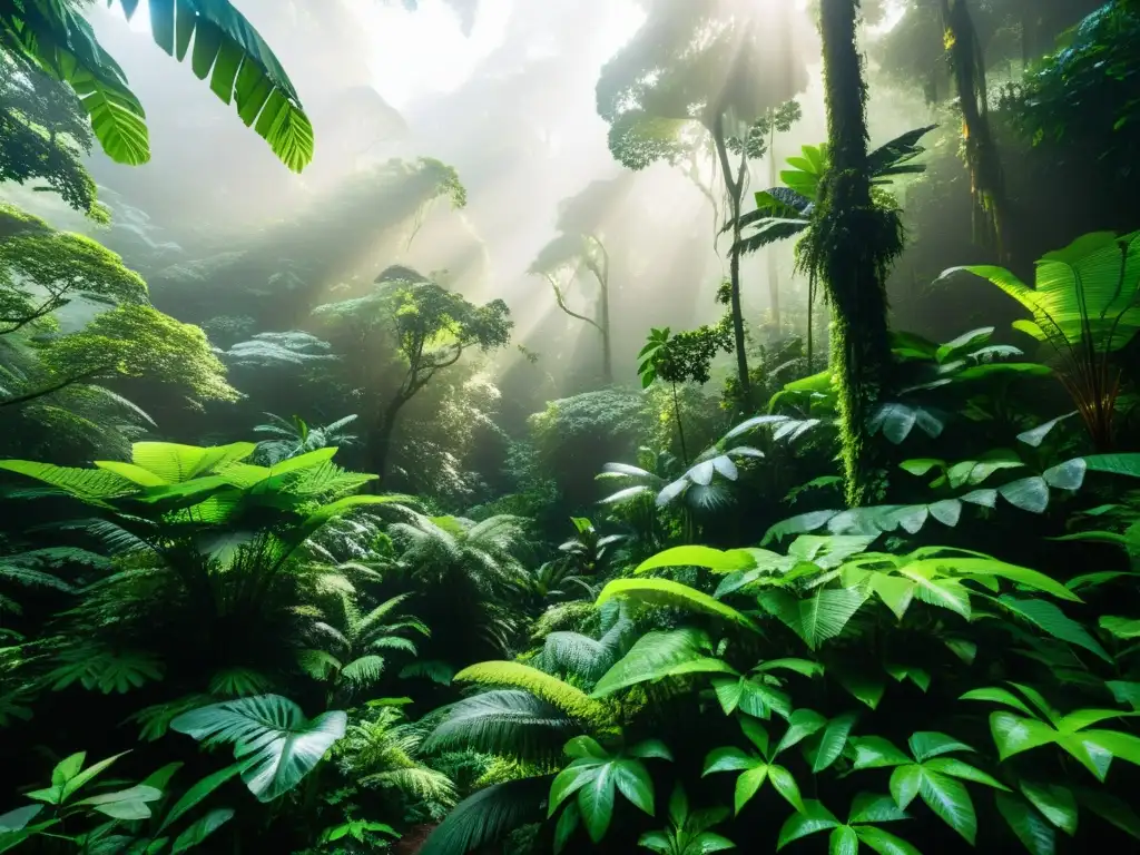 Un exuberante bosque lluvioso con árboles majestuosos, follaje verde vibrante y rayos de sol iluminando la diversa vida silvestre
