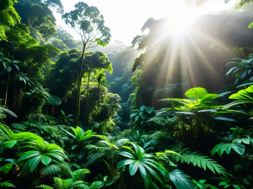 Un exuberante bosque lluvioso con una diversidad de vida animal y vegetal, mostrando la interconexión y biodiversidad crítica de la ecología profunda