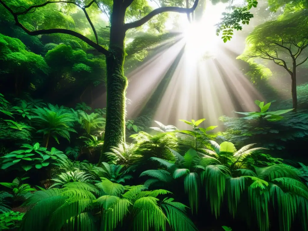 Un exuberante bosque verde lleno de árboles imponentes, luz solar filtrándose a través del dosel, vida animal y vegetal diversa