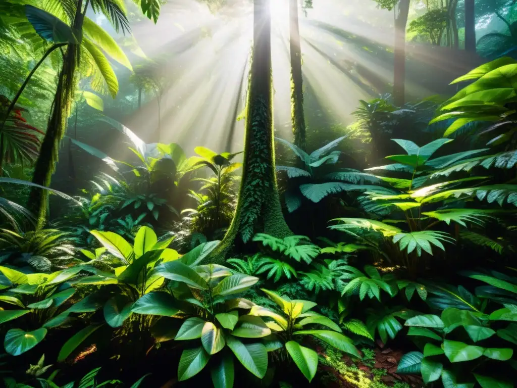 Un exuberante y denso bosque lluvioso con luz solar filtrándose a través del dosel, creando sombras moteadas en el suelo del bosque