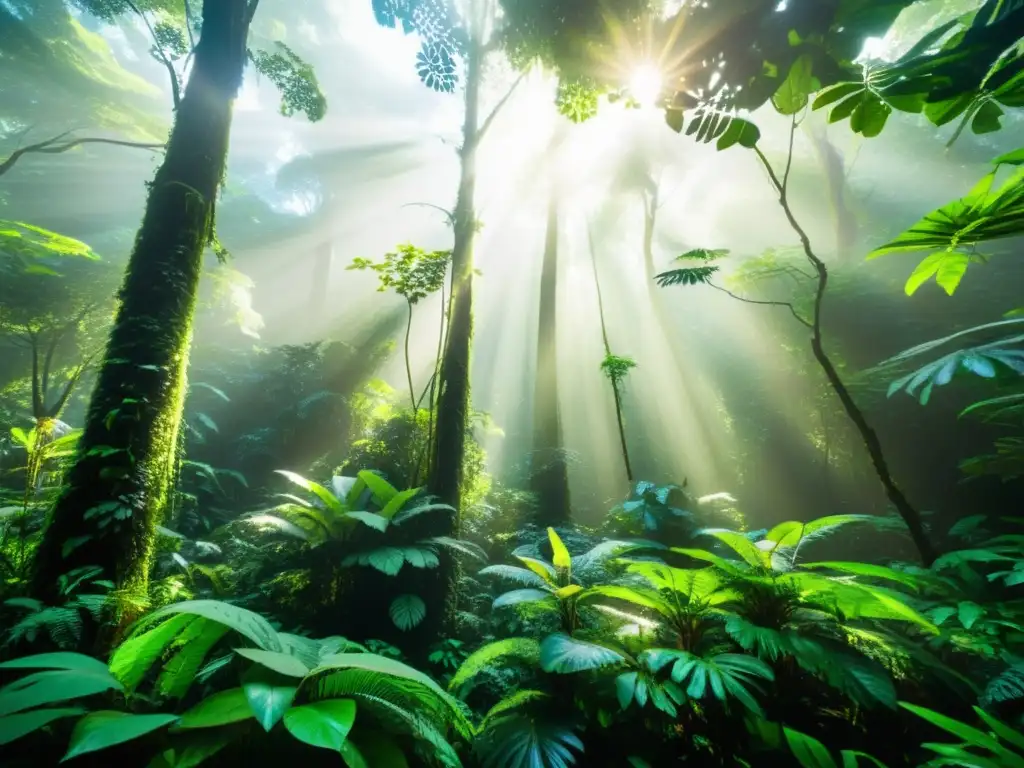 Un exuberante y denso bosque lluvioso, con árboles imponentes que se elevan hacia la luz del sol