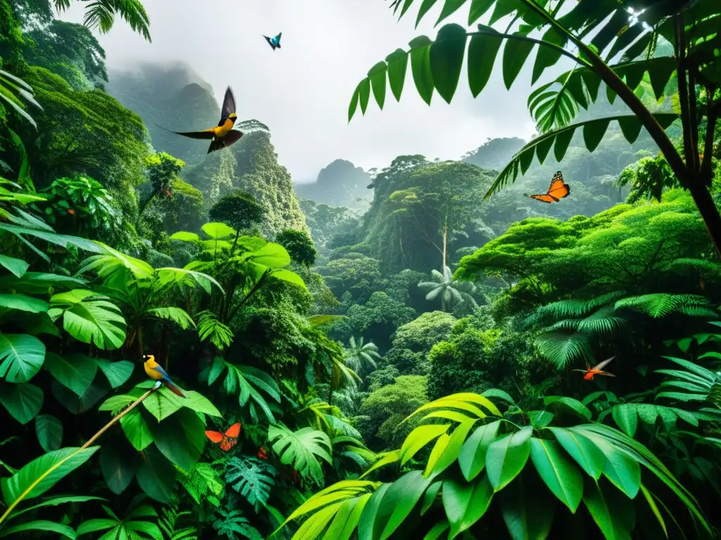 Un exuberante y detallado bosque tropical rebosante de vida y movimiento