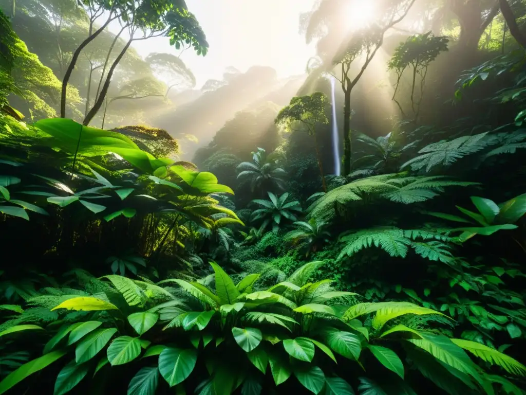 Un exuberante y diverso bosque lluvioso rebosante de vida, conectando con la importancia del biocentrismo en ética