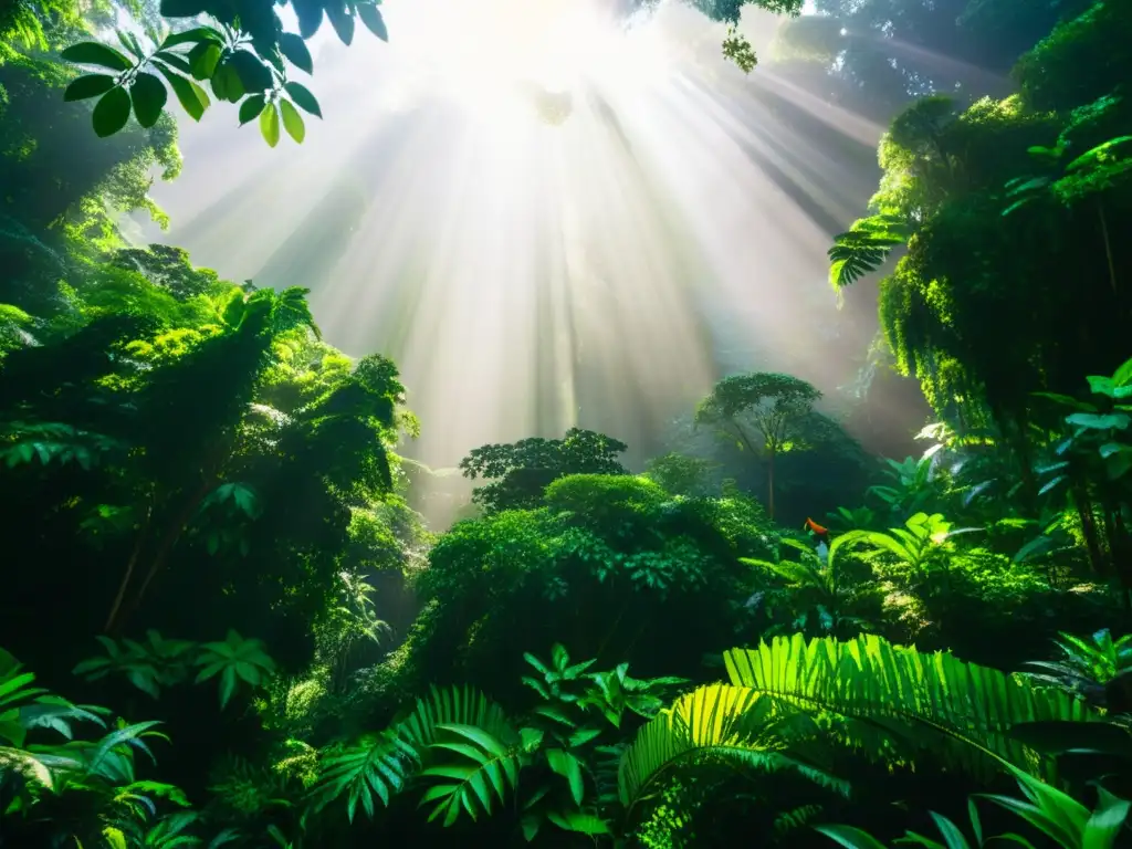 Un exuberante y diverso bosque tropical, con árboles altos, follaje verde vibrante y vida silvestre variada