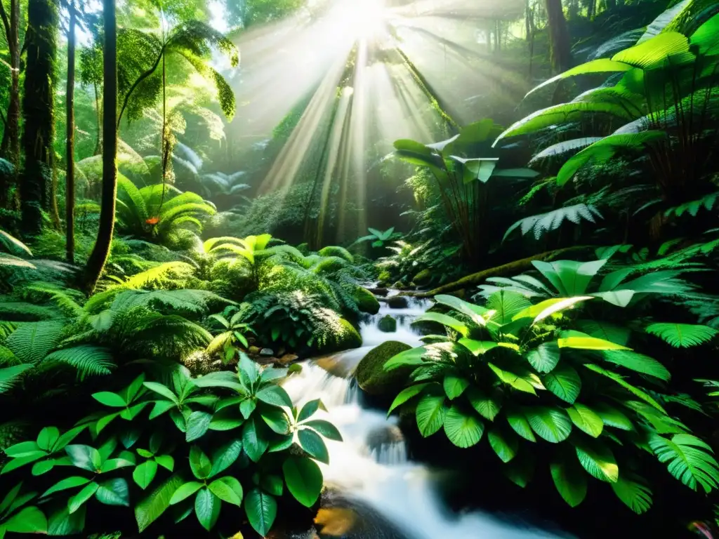 Un exuberante y diverso bosque tropical con flora vibrante y un arroyo sereno