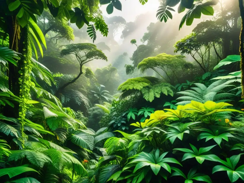 Un exuberante paisaje de selva con follaje verde vibrante y rayos dorados de luz filtrándose a través del dosel