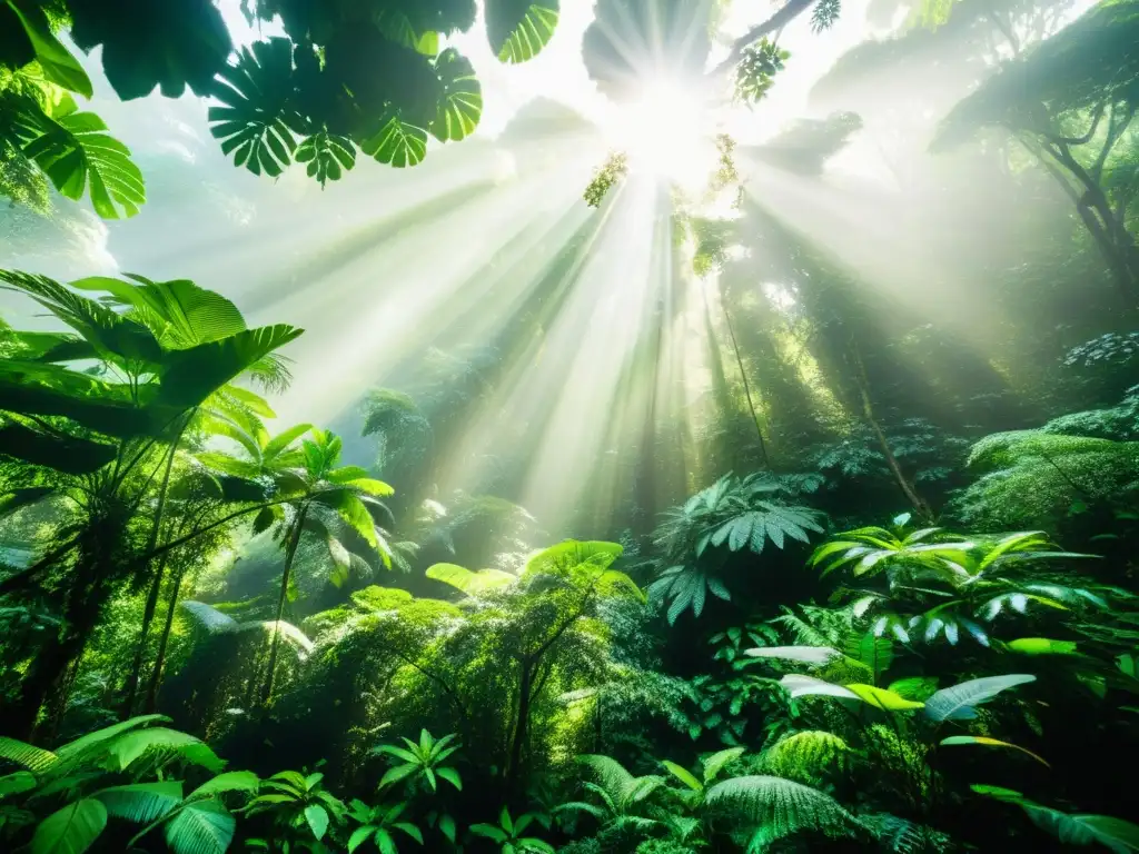 Una exuberante selva biodiversa, con luz solar filtrándose a través del dosel, iluminando una vibrante variedad de vida vegetal y animal