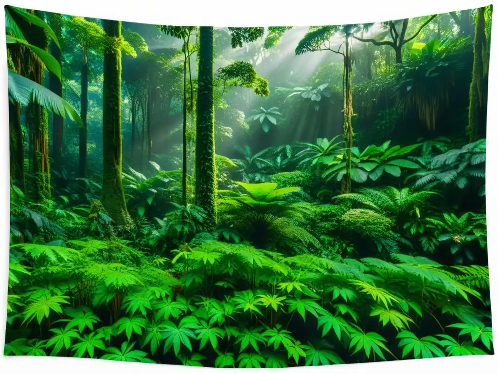 Una exuberante selva tropical en 8k, con una diversidad de vegetación verde vibrante, árboles imponentes y vida vegetal entrelazada