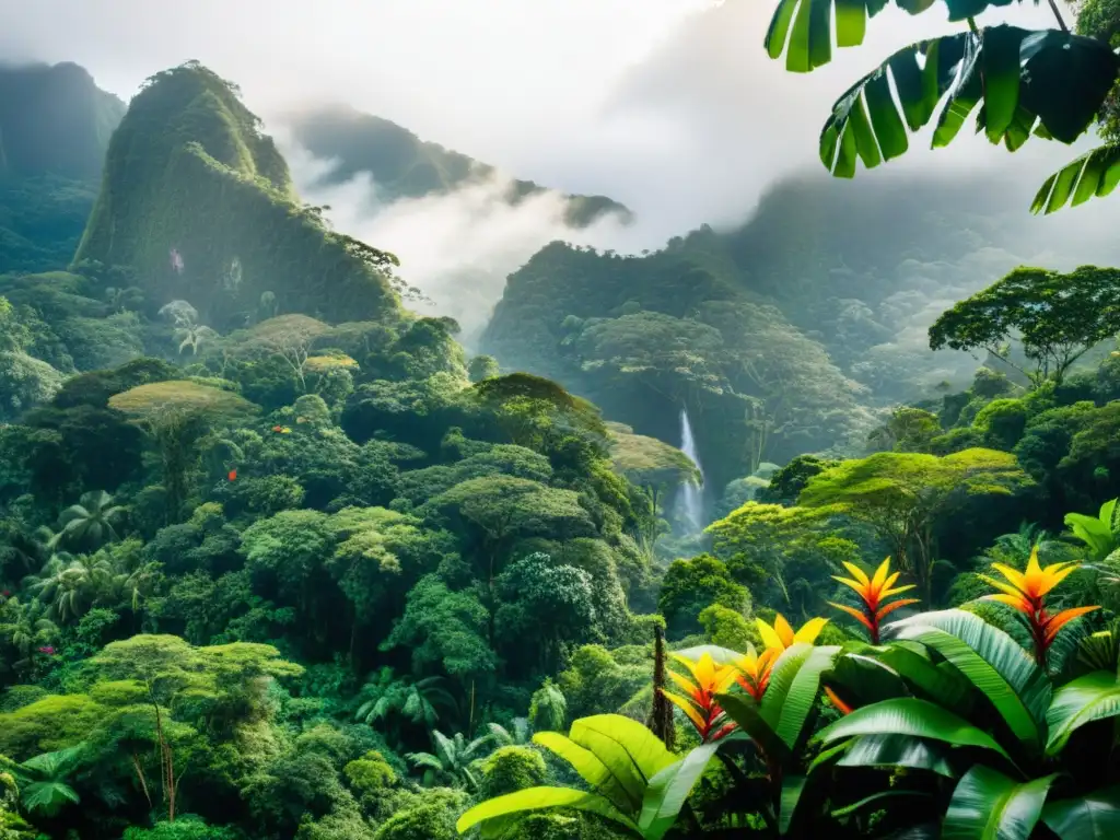 Una exuberante selva tropical con biodiversidad, la luz solar se filtra a través del dosel y destaca la belleza
