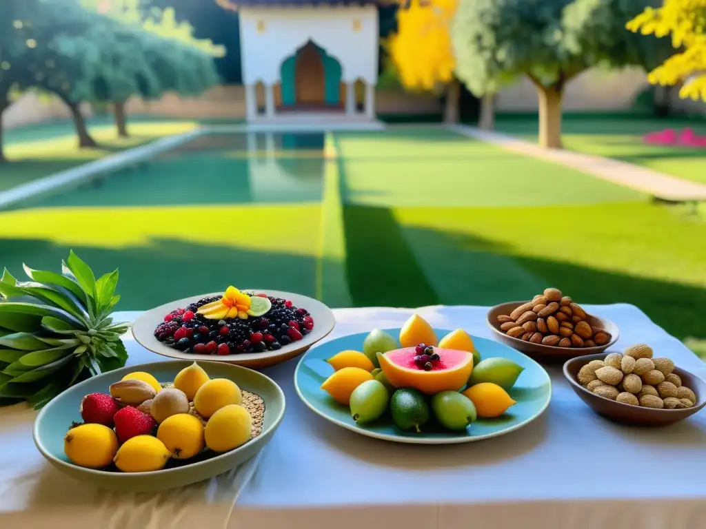 Un jardín Sufi exuberante y sereno con una mesa de frutas y frutos secos, irradiando paz y equilibrio espiritual