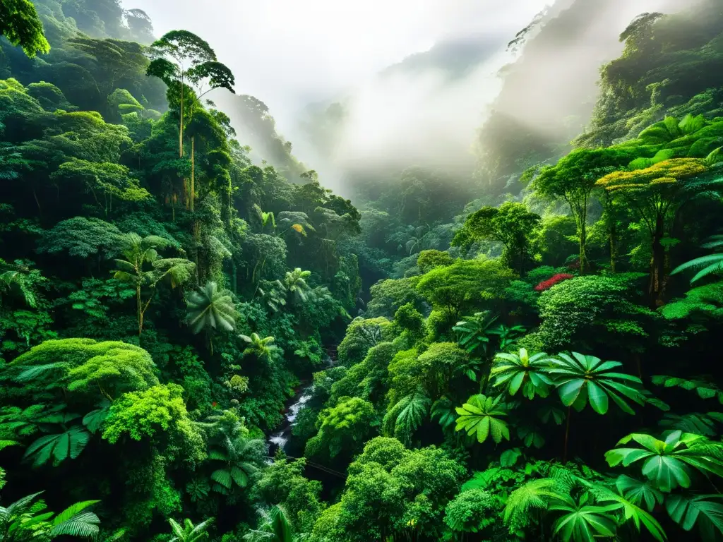 Un exuberante y verde bosque lluvioso rebosante de vida, con la luz del sol filtrándose a través del dosel, iluminando una vibrante variedad de flora y fauna