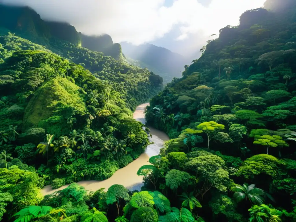 Un exuberante y vibrante bosque lluvioso en el corazón de Latinoamérica, con una diversidad de especies vegetales y animales
