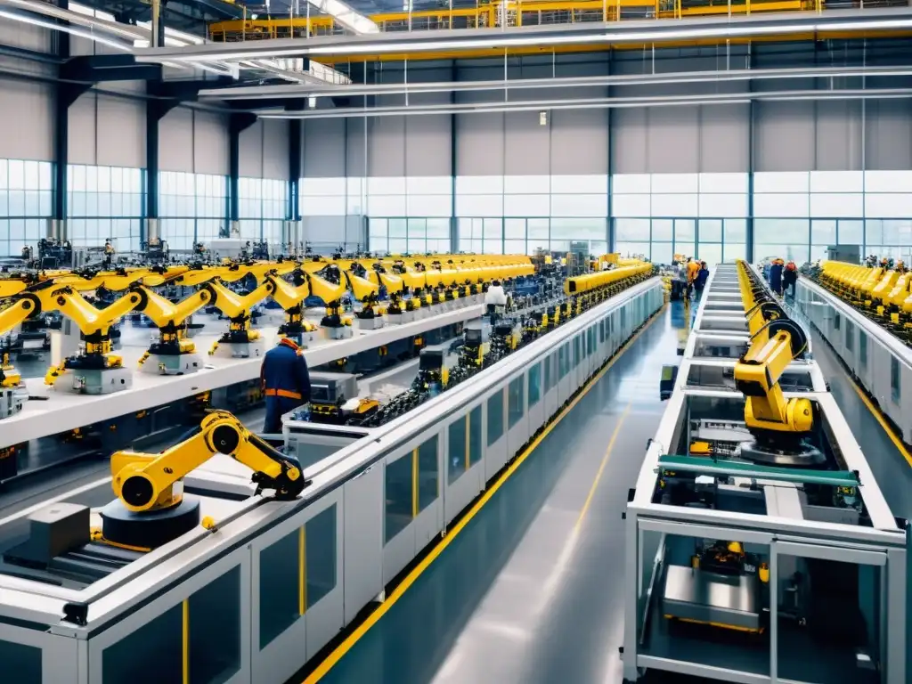 Una fábrica moderna con brazos robóticos y trabajadores, simbolizando la ética de la automatización laboral