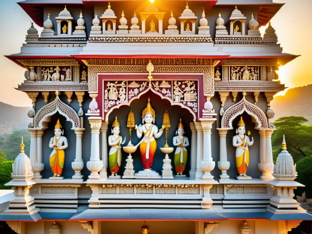 Una fachada de templo jainista tallada con esmero, bañada por la cálida luz del atardecer