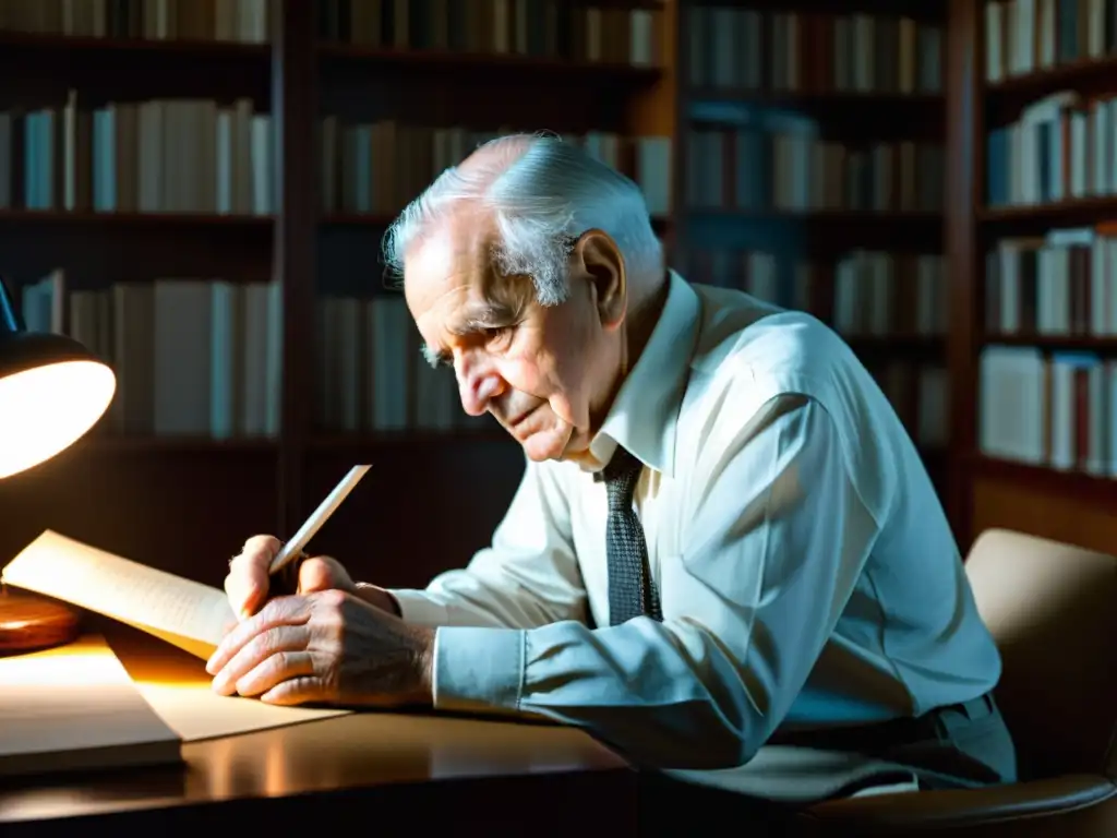 Karl Popper reflexiona sobre la falsabilidad en la filosofía, rodeado de libros y papeles, en una imagen intensa y documental