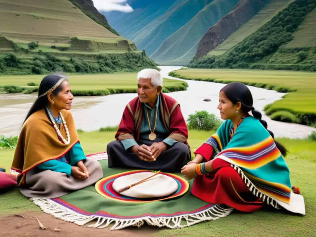 Una familia andina en ceremonia, rodeada de montañas verdes y un río