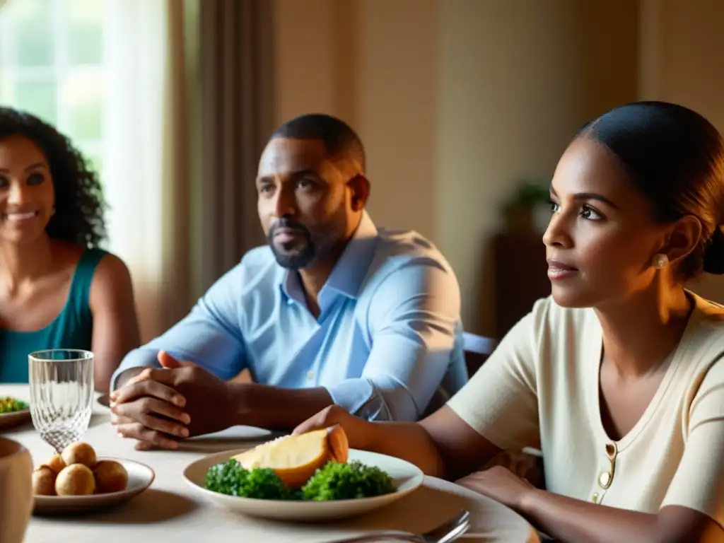 Una familia comparte una cena con expresiones de cuidado y empatía