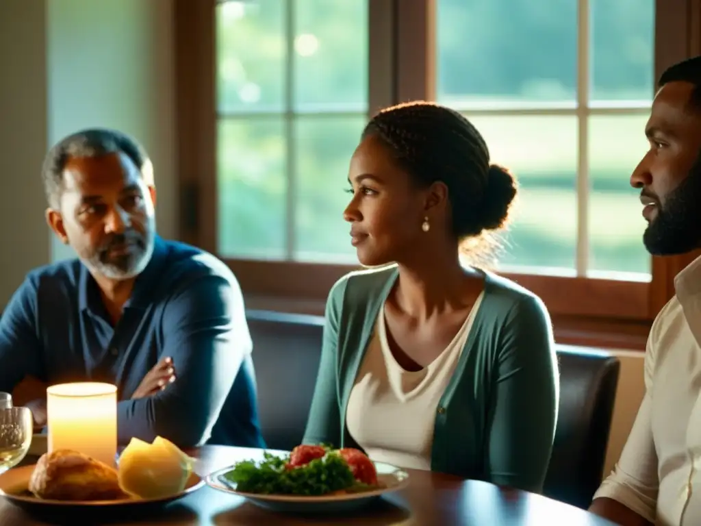 Una familia disfruta una cena íntima con expresiones de conexión, capturando la esencia de la ética del cuidado en relaciones familiares