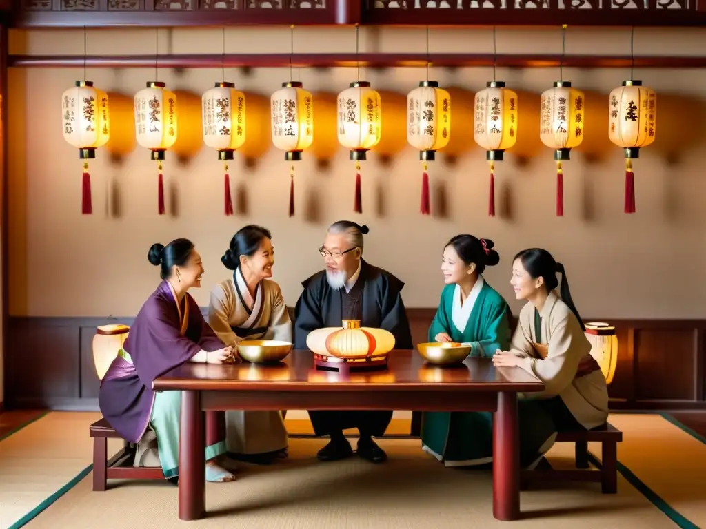 Una familia confuciana se reúne alrededor de una mesa de madera en una atmósfera cálida y solemne, iluminada por suaves linternas