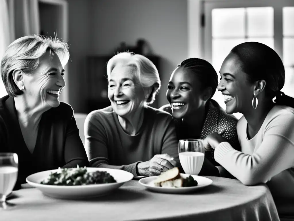 Una familia multigeneracional disfrutando de una comida, mostrando la ética del cuidado en relaciones familiares con risas y conversación cálida