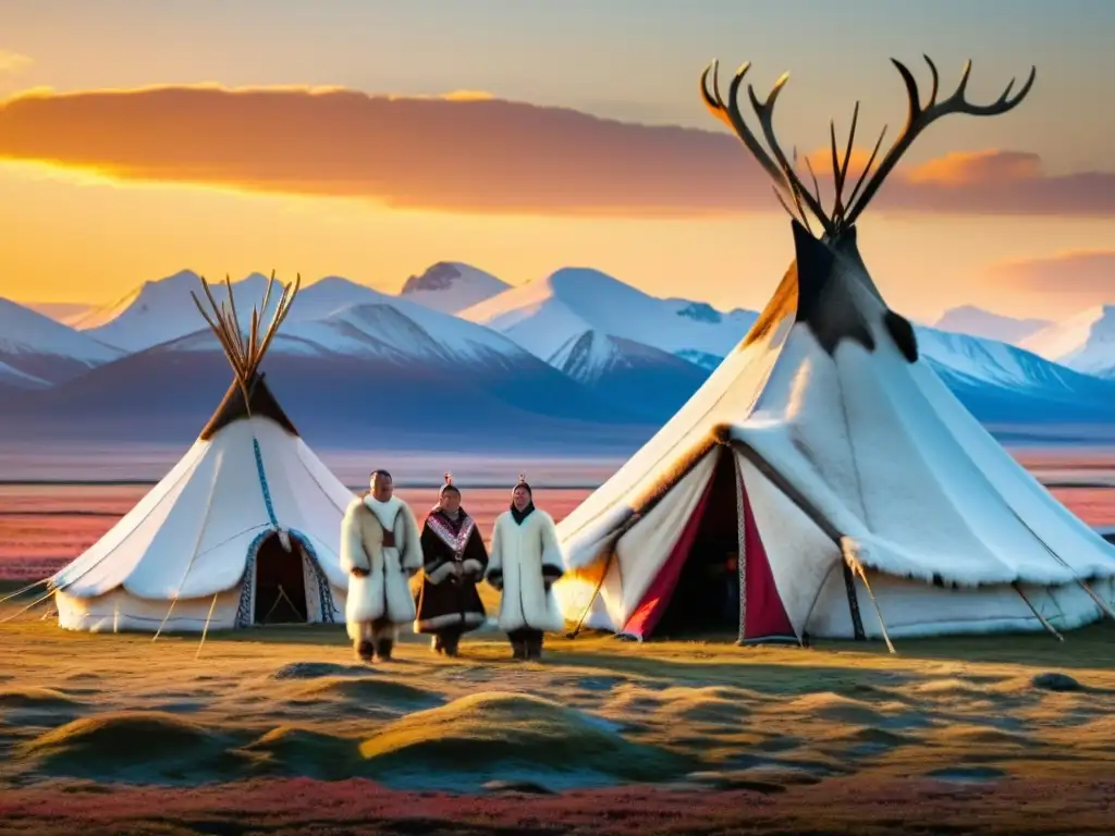 Una familia Nenets junto a su chum tradicional, rodeados de renos en la hermosa tundra siberiana