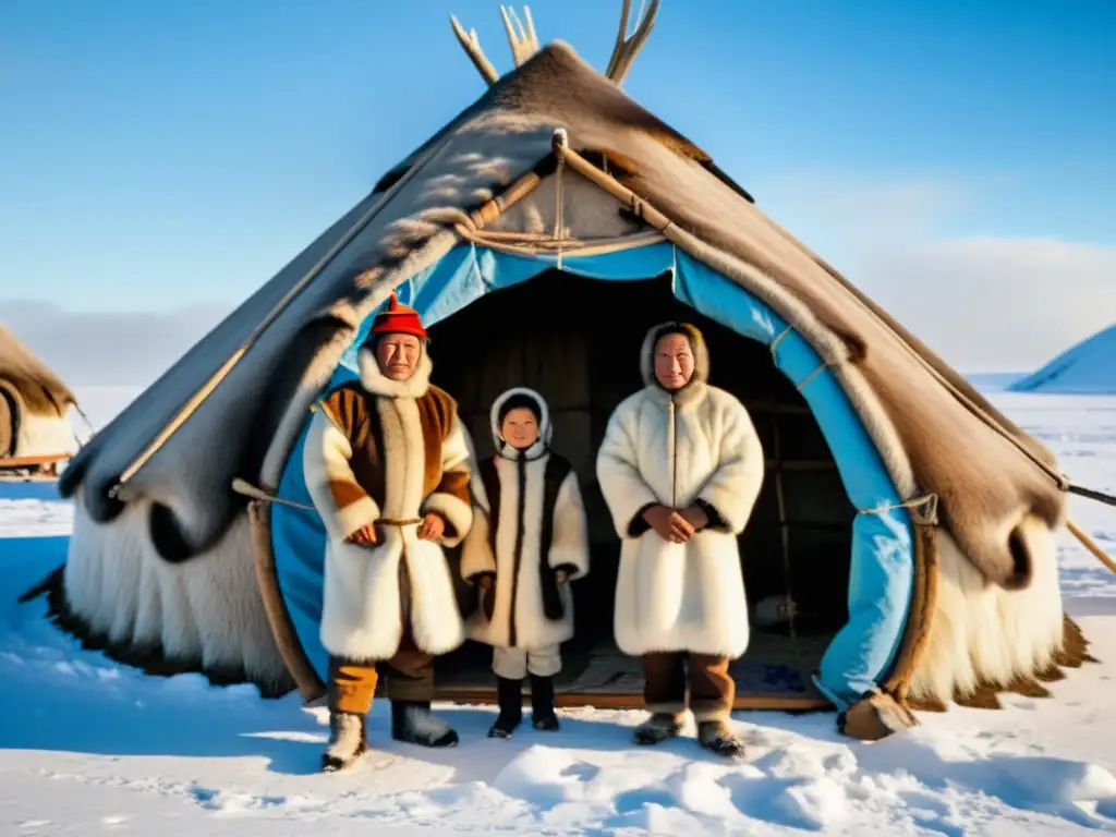 Una familia Nenets en la tundra siberiana, reflejando lecciones de vida Nenets Siberia en su conexión con la naturaleza y su modo de vida nómada